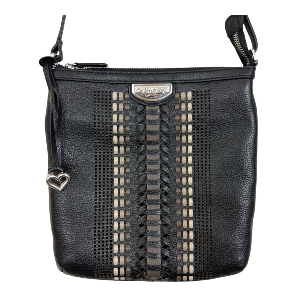 Brighton Roberta Messenger Crossbody Black Leather Outside Pocket Whip Stitch